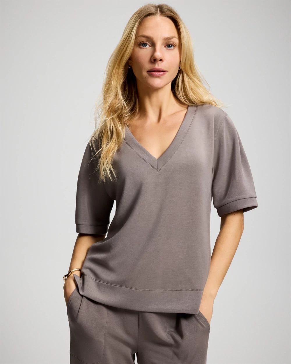 Modern Modal Puff Sleeve V-Neck Sweatshirt | Soma